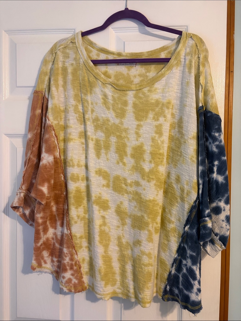 We The Free Yellow Tie-Dye Tunic with Brown and Navy Sleeves